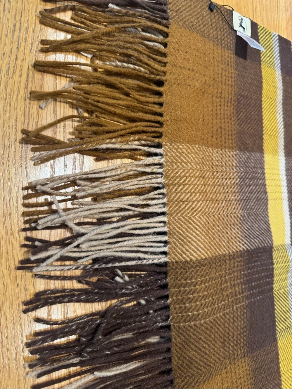 NWT Wool Plaid Throw Blanket in Mustard, Brown & Cream with Fringe Edges 72x56